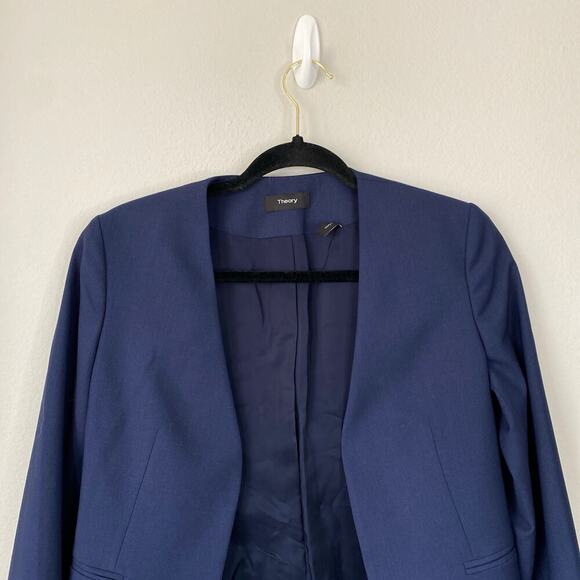THEORY Lindrayia Blazer Navy Sea Blue Size 2 Collarless Jacket Wool Business - Picture 5 of 8